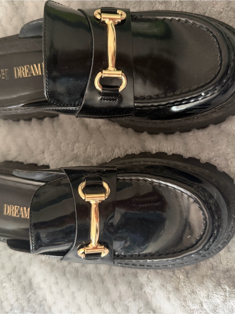Dream Pairs Black Patent Loafers with Gold Bit